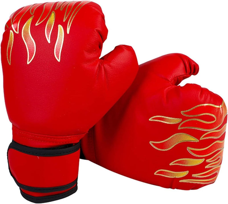 Load image into Gallery viewer, Een paar rode Bokshandschoenen voor kinderen met vlamontwerpen: de perfecte start voor een succesvolle bokscarrière.
