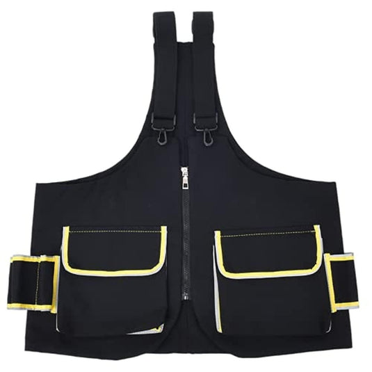 Zwart gereedschapsvest met meerdere geel getrimde, Anti-diefstal borsttas voor fitnesszakken en verstelbare bandjes, weergegeven op een witte achtergrond.