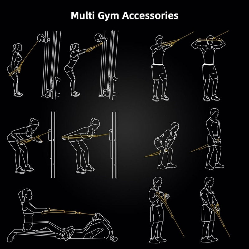 Load image into Gallery viewer, Illustratie van oefeningen met verschillende accessoires voor krachtstations, waaronder een tricepsriem.
Bouw grotere, sterkere triceps met de tricepsband.
