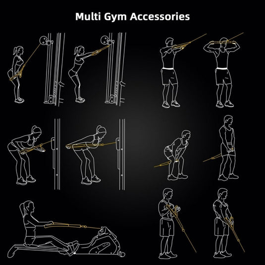 Illustratie van oefeningen met verschillende accessoires voor krachtstations, waaronder een tricepsriem.
Bouw grotere, sterkere triceps met de tricepsband.