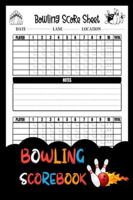 Een geïllustreerde omslag van een bowlingscoreboek met een sjabloon Haal het beste uit je bowlingspel met onze professionele bowlingscorebladen voor spelers met secties voor namen, scores en aantekeningen, versierd met bowlingpinnen en een bewegende bal.