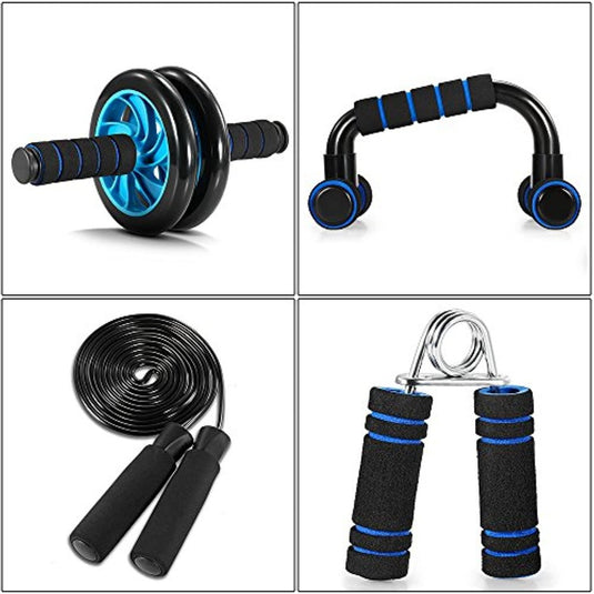 Een collage van vier fitnesshulpmiddelen: een Transformeer je lichaam met de veelzijdige buiktrainer, push-up ondersteuning, een springtouw en handgrijpers, allemaal voorzien van zwarte en blauwe accenten.