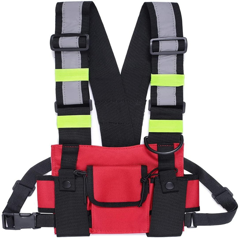 Load image into Gallery viewer, Rood en zwart veiligheidsharnas met reflecterende banden en aangehechte Crossbody tas voor sport: Stijlvol, handig en ruim, met verstelbare gespen en clips.
