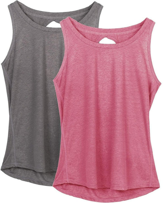 Twee Comfortabele dames sporttops voor dagelijks gebruik in grijs en roze, die ademend comfort en bewegingsvrijheid bieden.