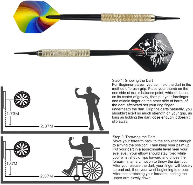 Load image into Gallery viewer, Grafische uitleg over het gooien van een dart, met een Softtip dartpijlenset, doelborden met afmetingen en stap-voor-stap geïllustreerde instructies voor de juiste grip en werptechniek.
