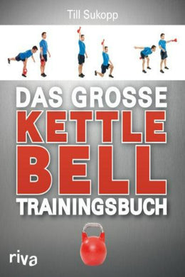 Fitnessgidsomslag met Das große Kettlebell-Trainingsbuch-oefeningen gedemonstreerd in een reeks, getiteld 'Das große Kettlebell Trainingsbuch' door Till Sukopp, uitgegeven door riva.