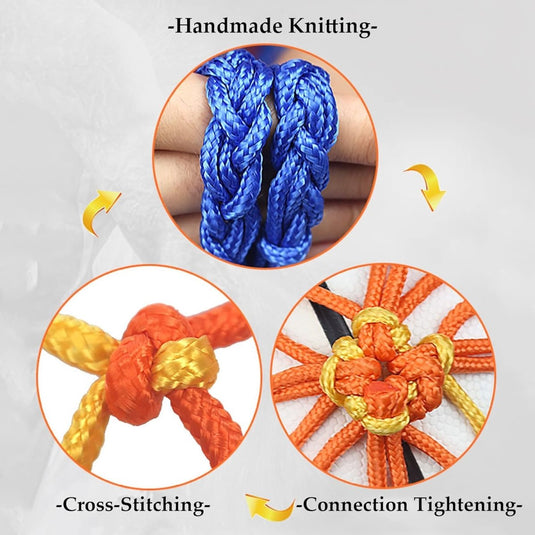 Een infographic met verschillende technieken voor het manipuleren van De balnettas die je leven praktisch maakt: handgemaakt breien, kruissteken en aanhalen van verbindingen.