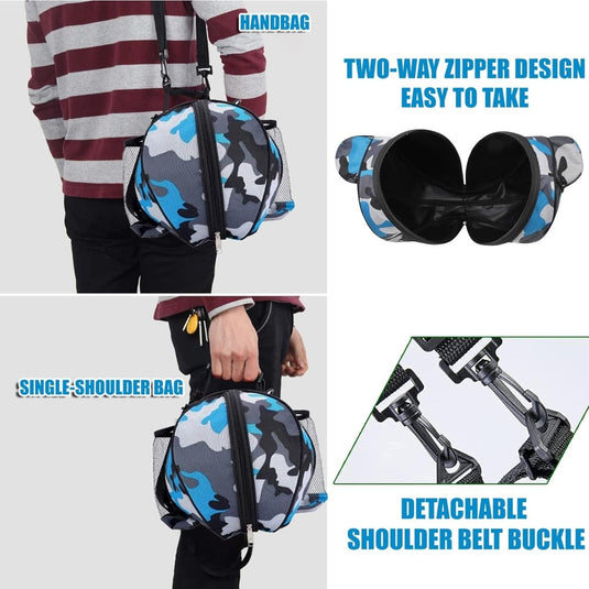 Een collage die de veelzijdigheid van De basketbaltas die je nodig hebt om je spel naar een hoger niveau te tillen toont, inclusief opties voor handtas, enkel-schoudertas gebruik.