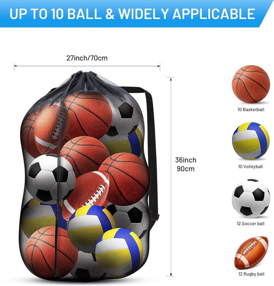 Duurzame mesh De ideale ballentas voor elke sporter met diverse sportballen met weergegeven capaciteitsinformatie.