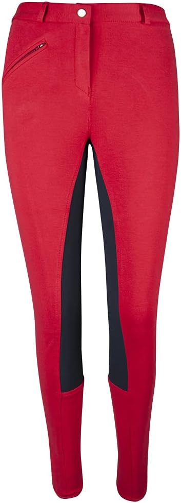 De meest comfortabeleEn elastische damesrijbroek in rood en zwart: De meest comfortabele rijbroek voor elke vrouwelijke rijder.