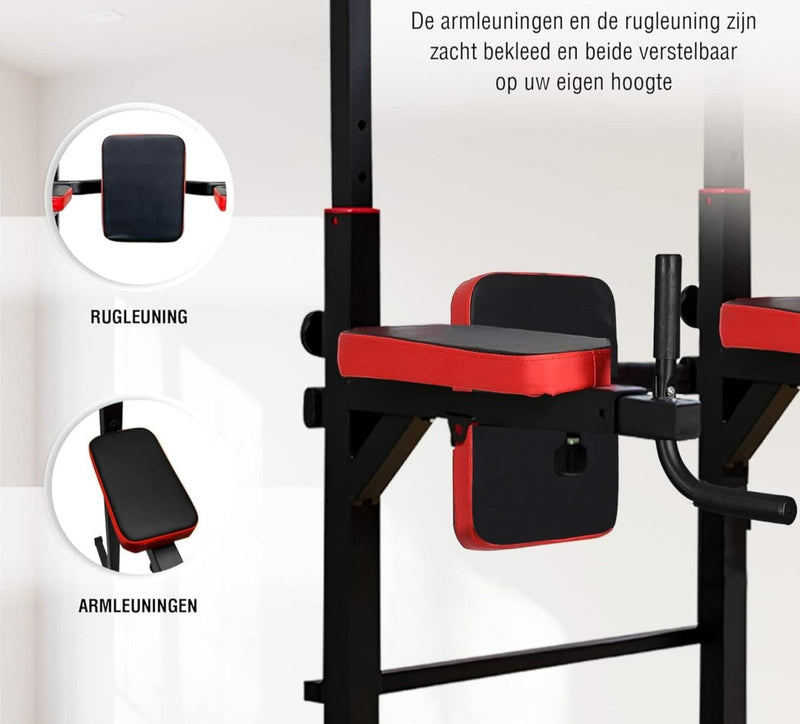 Load image into Gallery viewer, Close-up van een geavanceerd fitnessapparaat van De Power Tower, waarbij de focus ligt op de verstelbare armleuningen en rugleuning, met labels in het Nederlands die onderdelen van de apparatuur aangeven.
