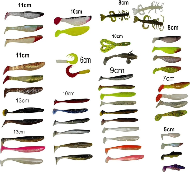 Load image into Gallery viewer, Verscheidenheid aan De ultieme roofvissenset voor elke visser kunstaas in verschillende vormen, maten en kleuren, variërend van 5 cm tot 13 cm, weergegeven op een witte achtergrond.
