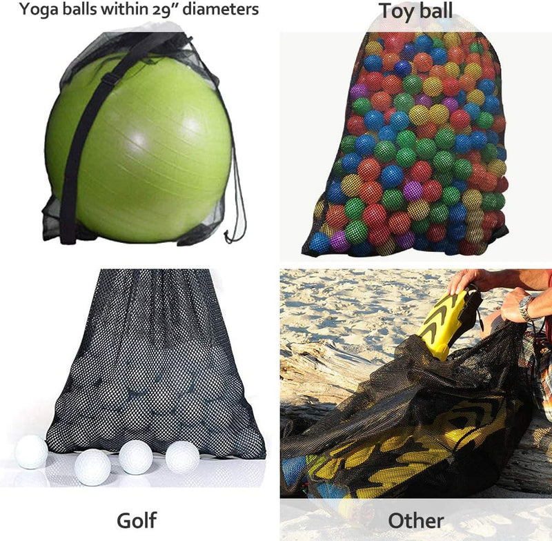 Laad afbeelding in Galerijviewer, Collage van vier afbeeldingen met een groene yogabal in een voetbaltas die je nodig hebt om je team te laten winnen, een net gevuld met kleurrijke speelgoedballen, witte golfballen in een zwart net, en een persoon die een schoen uit een zwart net haalt buitenshuis.
