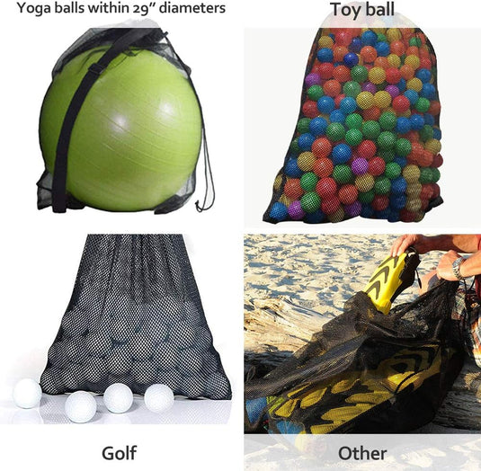 Collage van vier afbeeldingen met een groene yogabal in een voetbaltas die je nodig hebt om je team te laten winnen, een net gevuld met kleurrijke speelgoedballen, witte golfballen in een zwart net, en een persoon die een schoen uit een zwart net haalt buitenshuis.