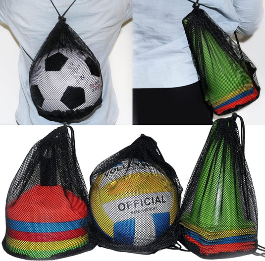 Een collage van een persoon die sportballen draagt in De voetbaltas die je nodig hebt om je team te laten winnen, gemaakt van duurzaam nylon, met close-ups van verschillende gekleurde ballen, inclusief voetballen in soortgelijke tassen.