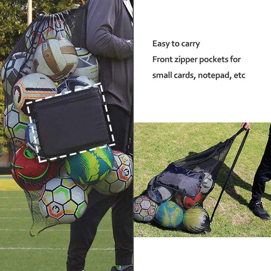 Twee afbeeldingen van mensen die grote netzakken vasthouden gevuld met kleurrijke De voetbaltas die je nodig hebt om je team te laten winnen; Eén afbeelding benadrukt de voorvakken met ritssluiting van de tas.