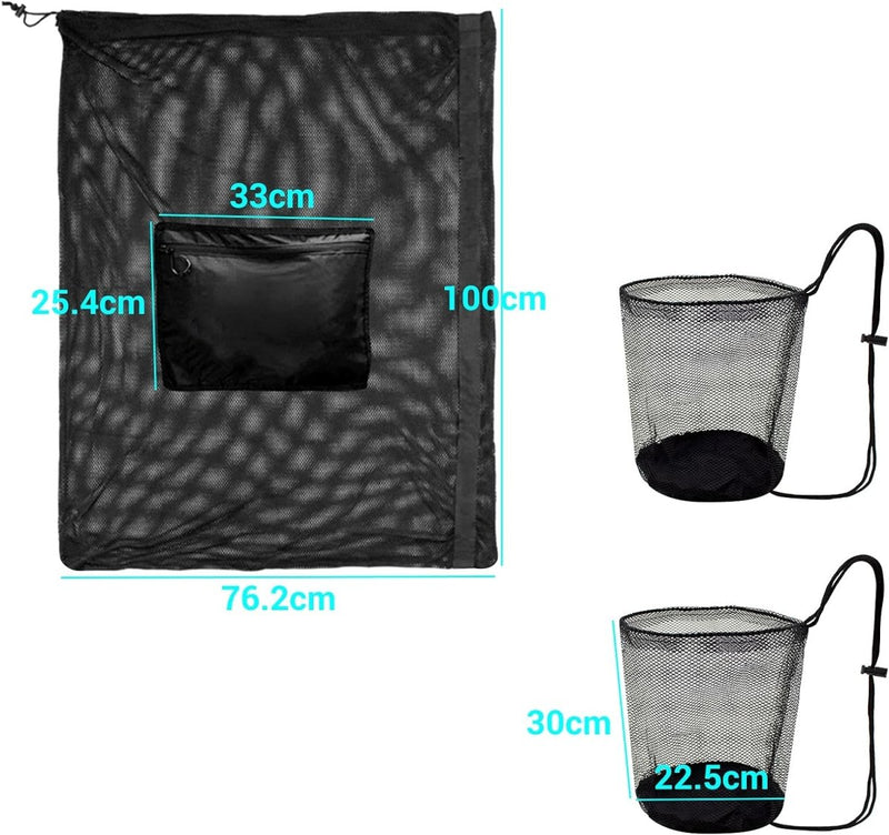 Load image into Gallery viewer, Een zwarte duurzame nylon sporttas Afgebeeld met afmetingen, waarbij een hoofdcompartiment en twee verschillende mesh zijvakken te zien zijn.
