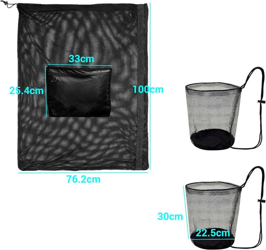 Een zwarte duurzame nylon sporttas Afgebeeld met afmetingen, waarbij een hoofdcompartiment en twee verschillende mesh zijvakken te zien zijn.