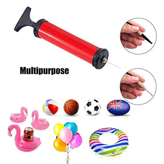 Een compact multifunctioneel hulpmiddel met de Geniet overal van je spel met de draagbare ballenpomp - gemakkelijk, milieuvriendelijk en draagbaar en andere essentiële items zoals ballonnen en een flamingo.