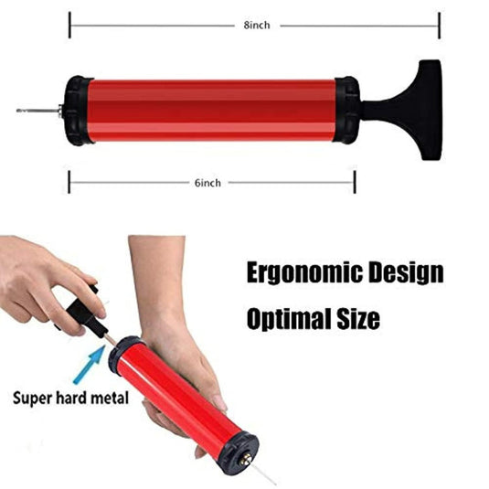 Een rood-zwarte mobiele ballenpomp met gelabelde afmetingen, wordt gebruikt om een gewricht te smeren, wat het ergonomische ontwerp en de optimale maat voor veelzijdig gebruik benadrukt.