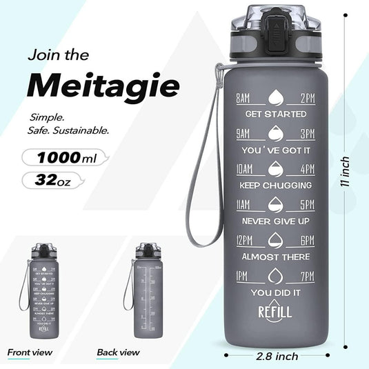 Promotionele afbeelding van een Meitagie-waterfles van 1 liter met tijdmarkeringen en motiverende zinnen, met voor- en achterkant en afmetingen.