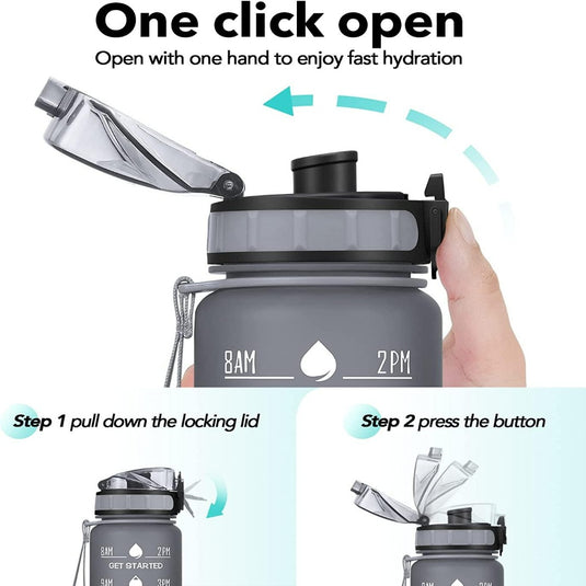 Een hand die het openen met één klik demonstreert van een duurzaam waterfles-met-fruitfilter van 1 liter, met stapsgewijze instructies voor het vergrendelen van het deksel en het indrukken van de knop.