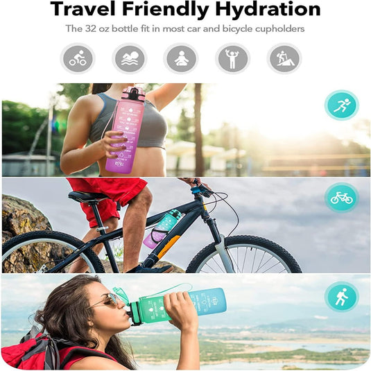 Advertentie voor de Tritan Waterfles met Fruitfilter die past in bekerhouders van auto's en fietsen, met afbeeldingen van individuen die de fles tijdens gebruik het.