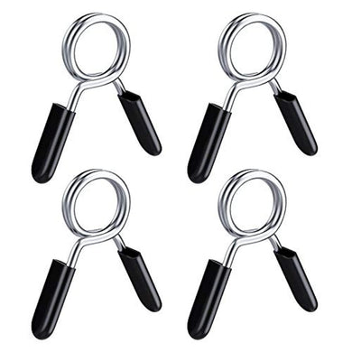 Vier zwarte Halterklemmen voor dumbbells en halsters: veilig en eenvoudig te gebruiken op een witte achtergrond.