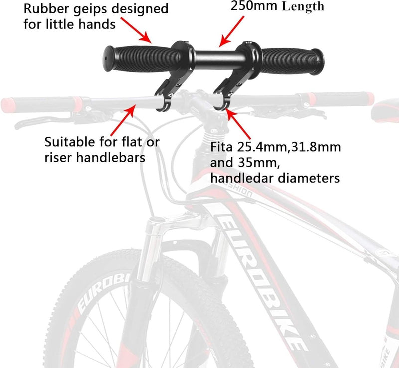 Load image into Gallery viewer, Een diagram met de verschillende componenten van een fietsstuur, inclusief een avontuurlijk fietsuitje met de perfecte kinderzadel op stang en mountainbikes voor volwassenen.
