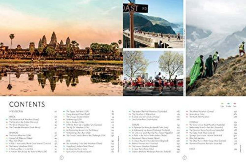 Laad afbeelding in Galerijviewer, Een collage van de inhoudspagina van een reisboek en drie afbeeldingen: Angkor Wat bij zonsopgang, een bord met &#39;verleden&#39; en mensen in traditionele kledij bij een berg. Deze opstelling is ideaal voor reisplanning en liefhebbers van Epic runs of the world: verken &#39;s werelds meest opwindende hardlooproutes en -paden.
