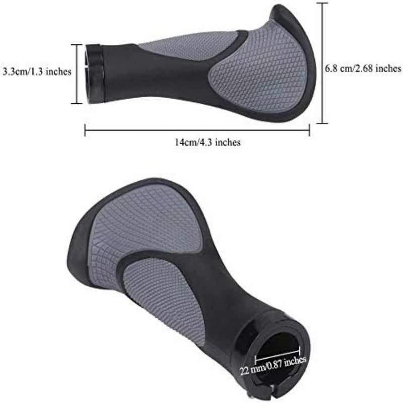 Laad afbeelding in Galerijviewer, Een paar MtB-handvatten: ergonomie, comfort en prestaties voor elke rit met een lock-on-ontwerp in zwart en grijs, compleet met afmetingen.
