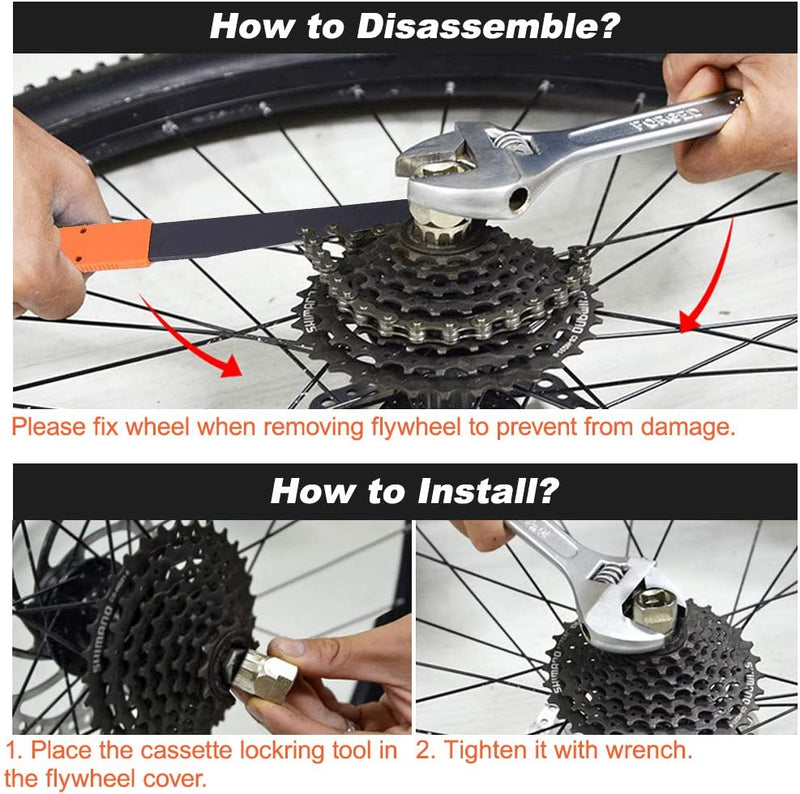 Laad afbeelding in Galerijviewer, Leer hoe je een fietswiel demonteert met het benodigde Kettingzweep gereedschap voor fietsreparaties: de perfecte tool voor elke fietsliefhebber, inclusief een kettingzweep en cassetteverwijdering tool.
