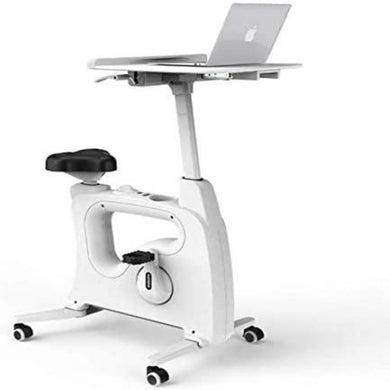 Een moderne witte Bureaufiets: verhoog je productiviteit en gezondheid met een vast bureau en laptop, voorzien van verstelbare onderdelen en wielen.