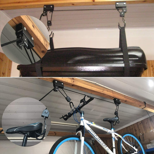 Twee foto's van een Ontdek onze fietslift die aan het plafond hangt en de duurzaamheid en veiligheid ervan laat zien.