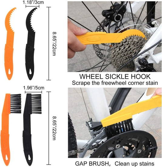 Een reeks foto's die het duurzame reinigingsproces van een fietswiel demonstreren met behulp van de Maak je fiets stralend schoon met de 10-delige fiets schoonmaakset en borstels.