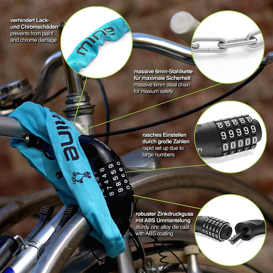 Een advertentie voor een fietskettingslot met close-upafbeeldingen van een kettingslot en combinatieslotmechanisme op een fiets, waarbij productkenmerken in het Duits met hoogwaardige materialen worden benadrukt.