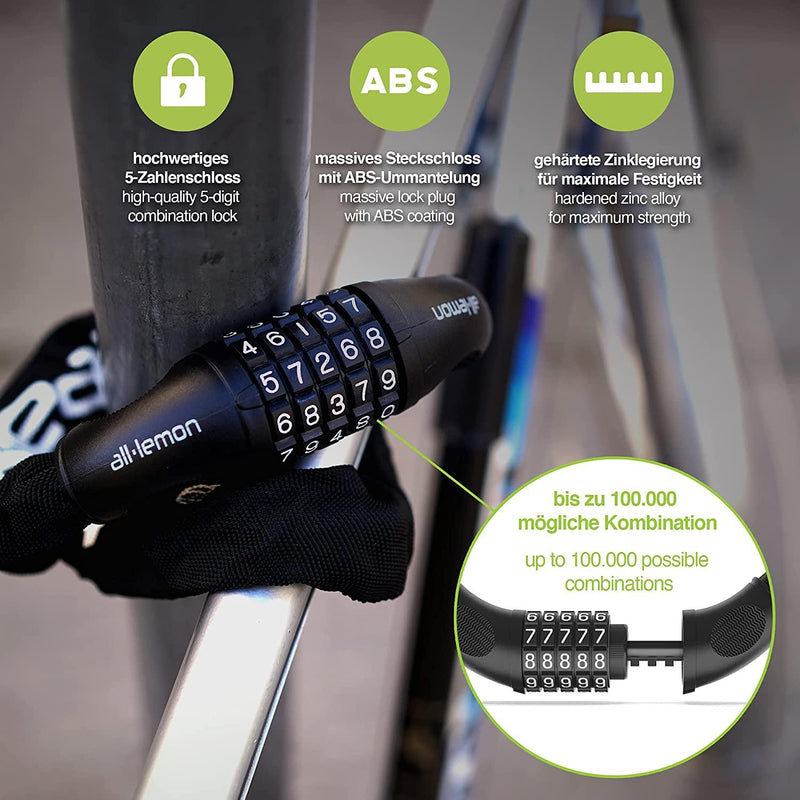 Load image into Gallery viewer, Combinatiefietsslot bevestigd aan een fietsframe, waarbij de veilige ABS-coating en flexibiliteit worden benadrukt met een gedeeltelijke weergave van numerieke wijzerplaten. Het slot is een Kettingslot: de ultieme bescherming voor je fiets en zorgt voor topveiligheid voor je fiets veilig.
