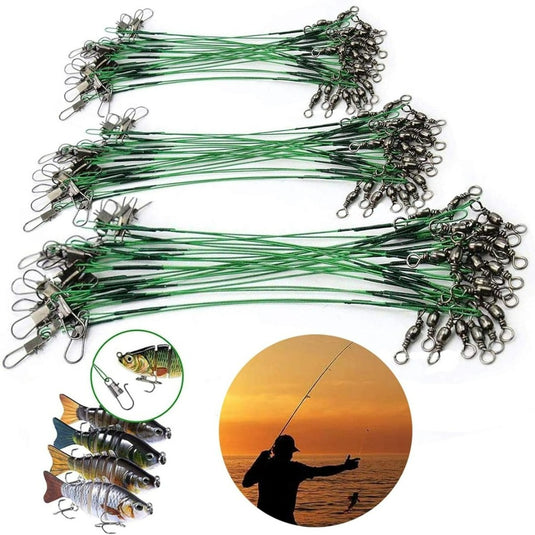 Een set visaas met een afbeelding van een visser, voorzien van Stalen visdraad: De krachtigste vislijn voor elk avontuur voor extra sterkte en duurzaamheid.