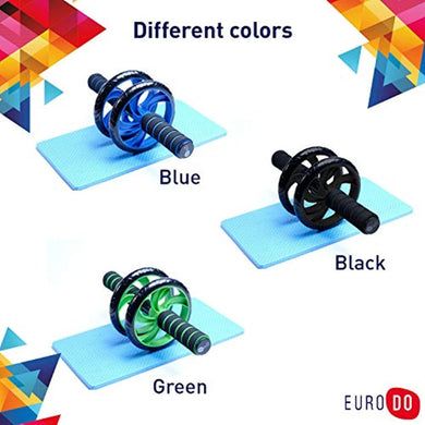 Transformeer je lichaam met de kracht blauw van de ab dual wheel buikspiertrainer in de kleuren, zwart en groen, elk op een blauwe yogamat, met geometrische vormen op de achtergrond, gelabeld per kleur.