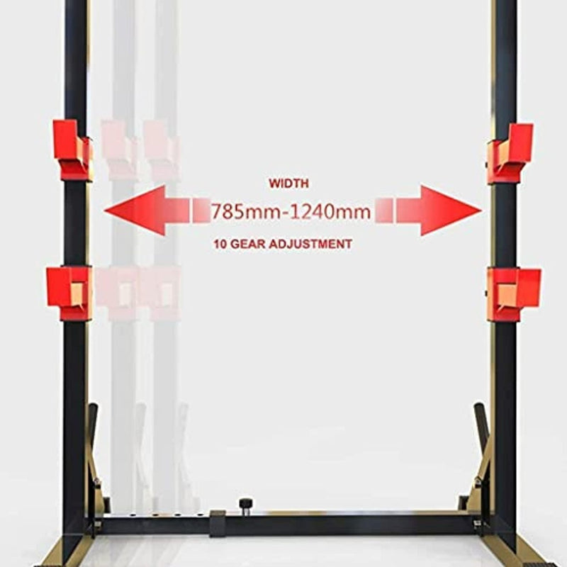 Load image into Gallery viewer, Verstelbare optrekstang met rode montagebeugels en een breedtebereik van 785 mm tot 1240 mm, met een verstelsysteem met 10 versnellingen voor diverse Squat-rekken: de perfecte manier om kracht op te bouwen.
