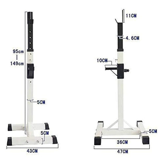 Twee afbeeldingen van verticale meetinstrumenten met gelabelde afmetingen, met de hoogte- en basisafmetingen van een multifunctionele bankdrukken: de ultieme tool voor krachttraining in centimeters.