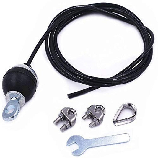 Een zwarte Pull down kabel met wartel en moersleutel, ontworpen voor het trainen van de rug- en bicepsspieren door middel van pull down oefeningen.