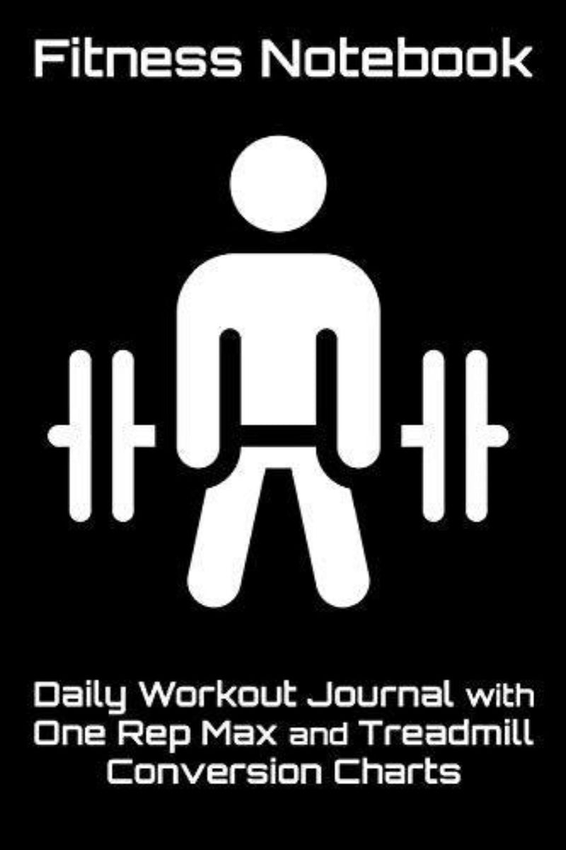 Load image into Gallery viewer, Omslag van een &quot;Fitness Notebook: Daily Workout Journal met One Rep Max en Treadmill Conversion Charts (zwart)&quot; met een pictogram van een persoon die gewichten heft en tekst over de dagelijkse inhoud van het trainingsjournaal, inclusief grafieken en een conversietabel gewichtheffers.
