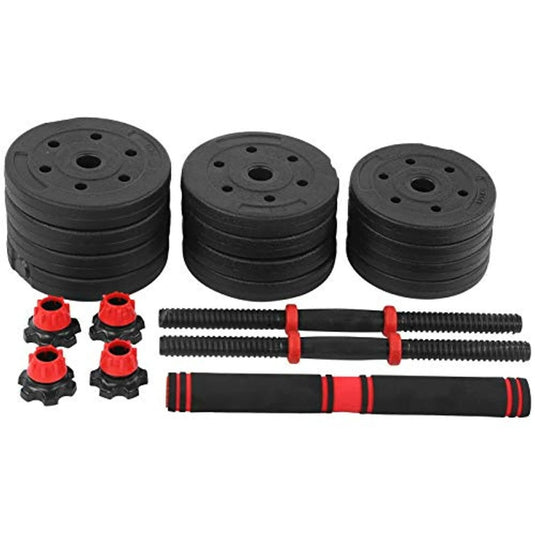 Een set **Verstelbare dumbbells set voor thuis** met zwarte rubberen gewichten en **rode handvatten**.