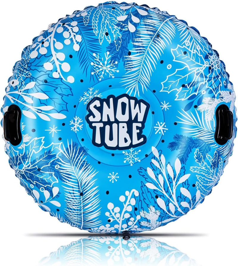 Laad afbeelding in Galerijviewer, Een blauwe sneeuwtube met de productnaam &quot;Gaan voor de rit van je leven met deze opblaasbare slee&quot; erop, perfect voor winter- en wintersport.
