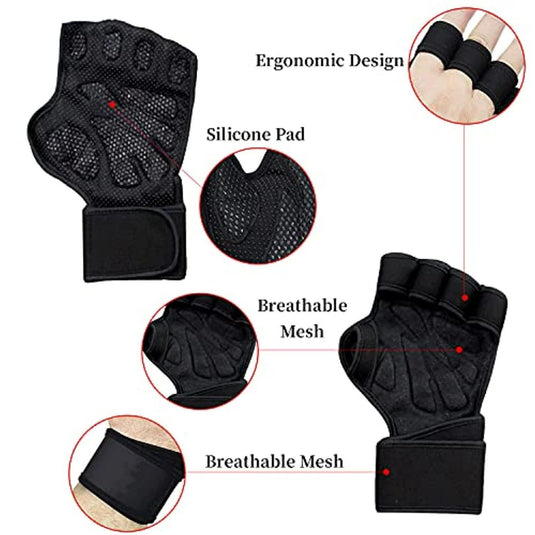 Een paar zwarte handschoenen met Ervaar het ultieme comfort en bescherming met onze lederen fitnesshandschoenen - Jouw sleutel tot succesvol sporten! en polsbeschermingsfuncties.