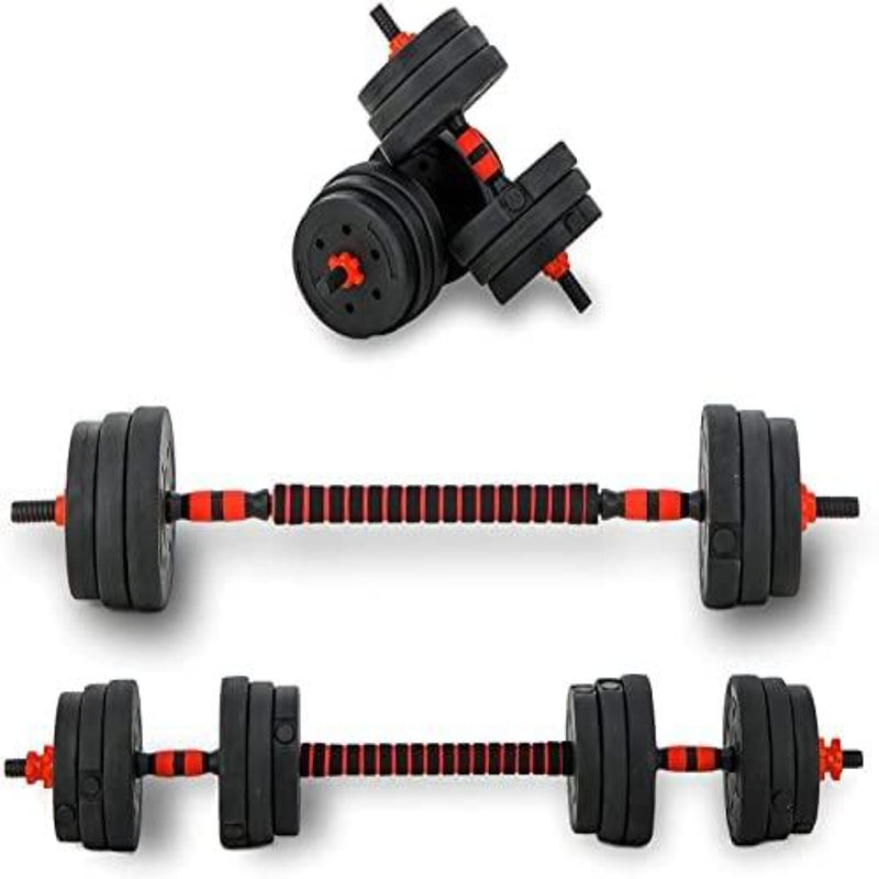 Laad afbeelding in Galerijviewer, Verstelbare dumbells en barbell set met zwarte gewichten en rode details, horizontaal en verticaal gearrangeerd op een witte achtergrond, ideaal voor krachttraining.
