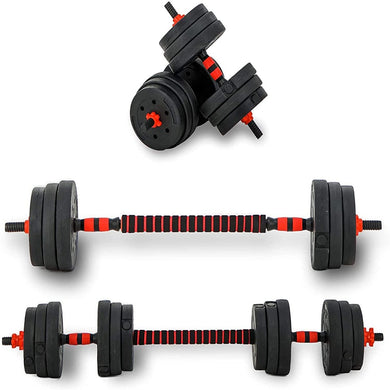 Verstelbare dumbells: de complete set voor krachttraining in verschillende configuraties met rode en zwarte details, geïsoleerd op een witte achtergrond.