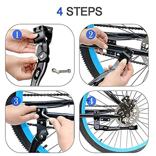 Instructieafbeeldingen in vier stappen die laten zien hoe je een Happygetfit MTB Standaard installeert, met handen met gereedschap op fietsonderdelen op oneffen terrein.