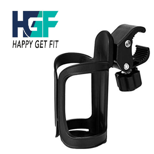 Zwarte fietsbidonhouder zonder schroeven met klem en het logo "Happygetfit" in gestileerd turquoise en zwart lettertype.